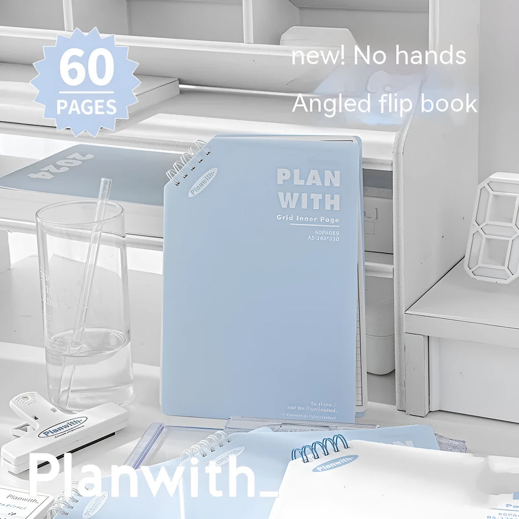 Oblique Angle Salt Series A5 and B5 notebook with white or plaid blue cover, open to show unlined pages.