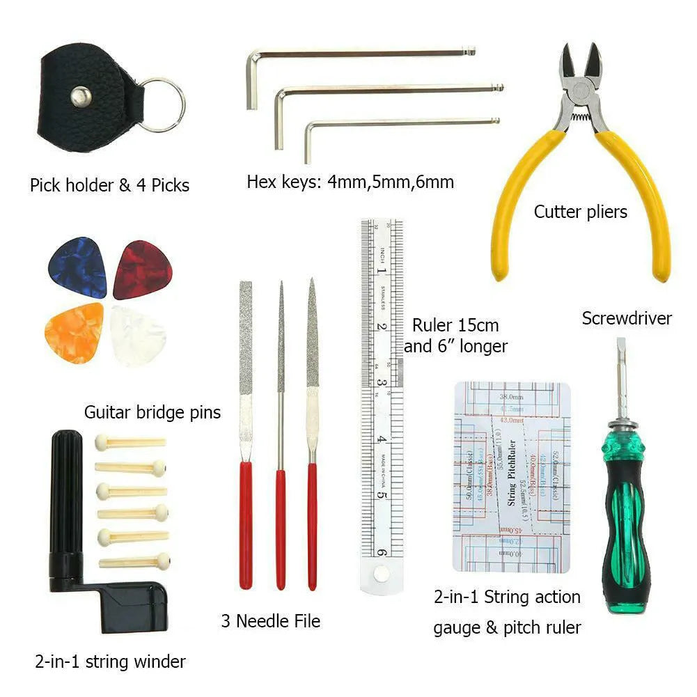 Black plastic toolbox containing a guitar repair and maintenance tool kit for guitar, bass, mandolin, and banjo.