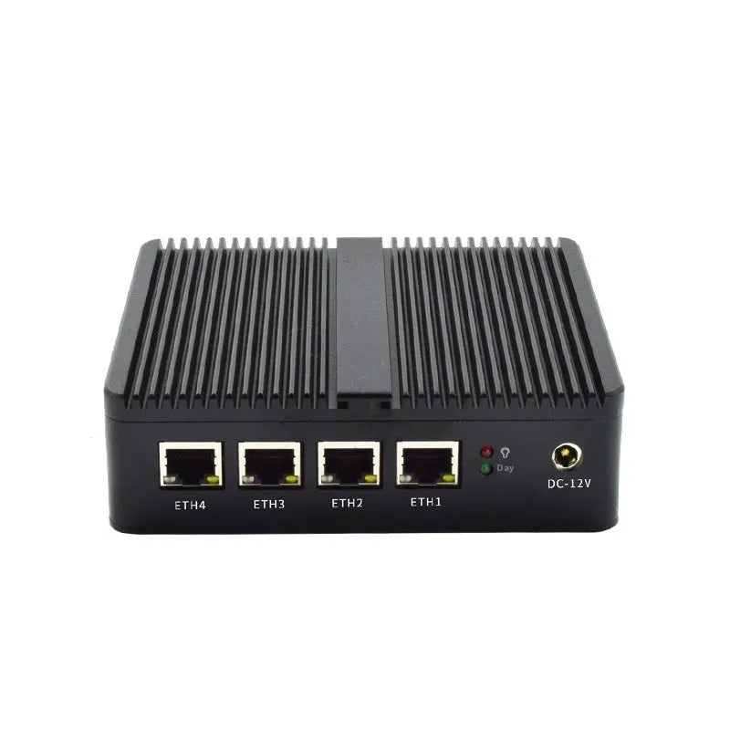 Compact metal industrial fanless mini PC host for control systems with connectivity ports.