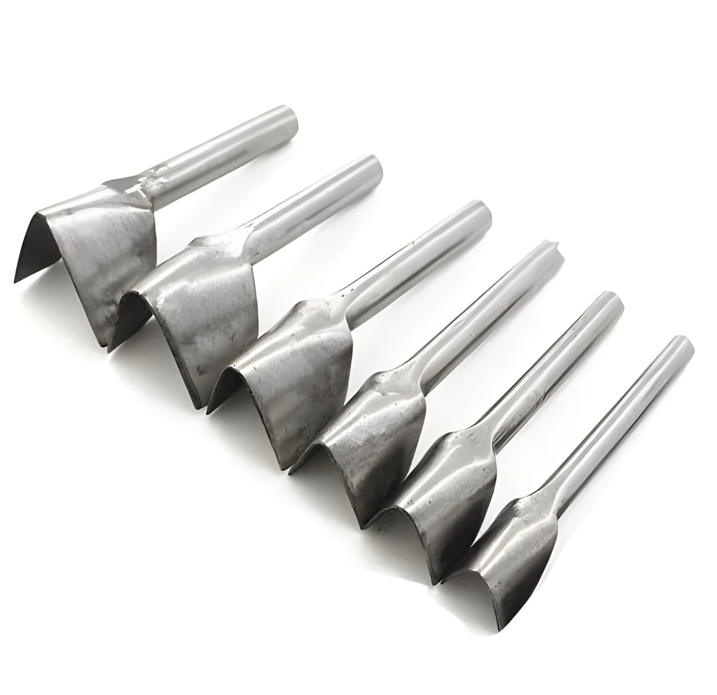 Six steel leather punch tools with half-round and V-shaped heads, sizes 15mm to 40mm.