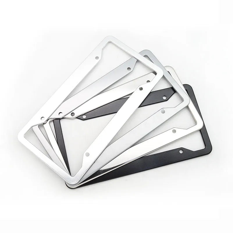 Aluminium alloy license plate frame in black, light grey, sandblasted silver, or stainless steel finish