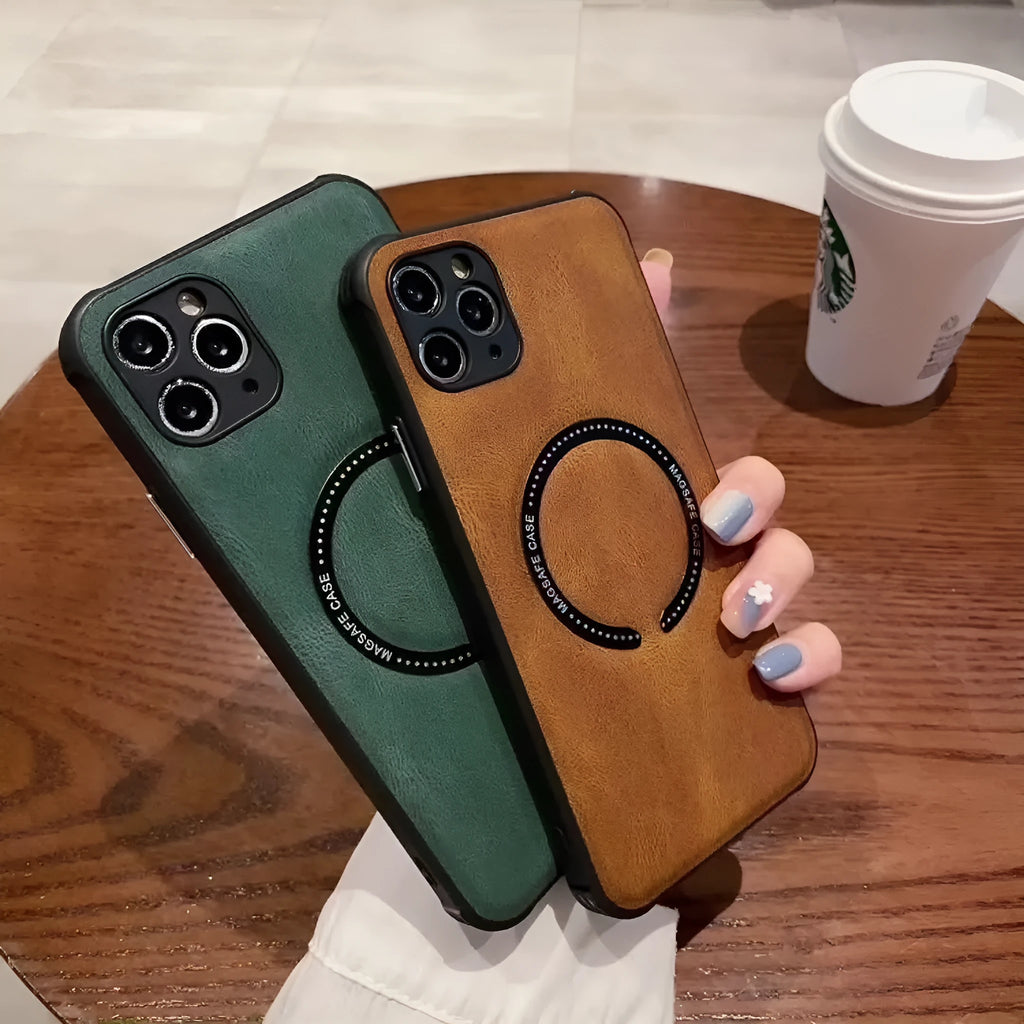 Black imitation leather magnetic charging case for Apple iPhone on a table.