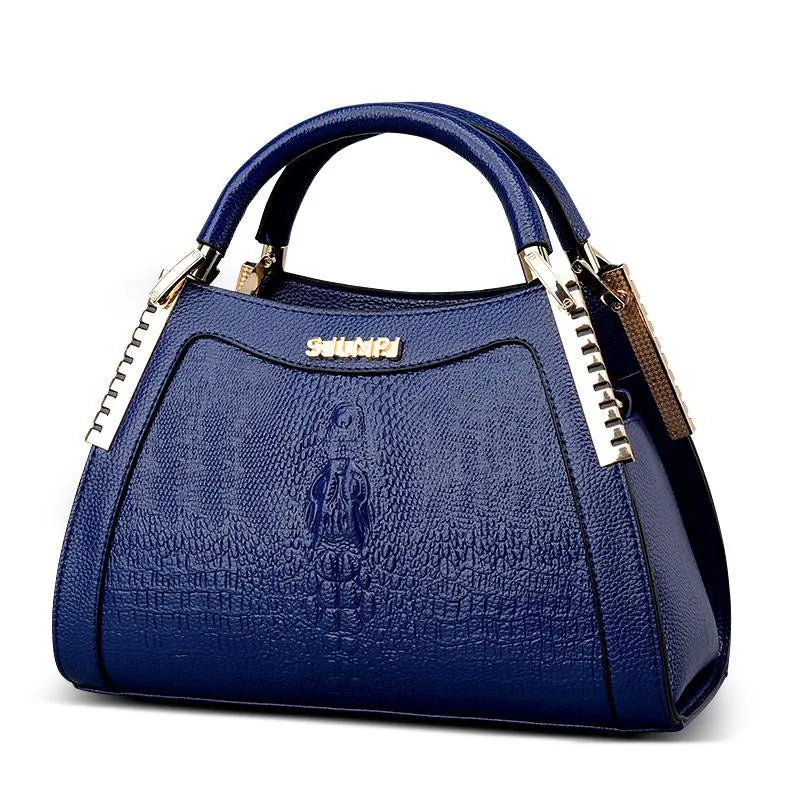 Fashion handbag with embossed crocodile pattern, zipper closure, trapezoid shape, PU material, available in five colours