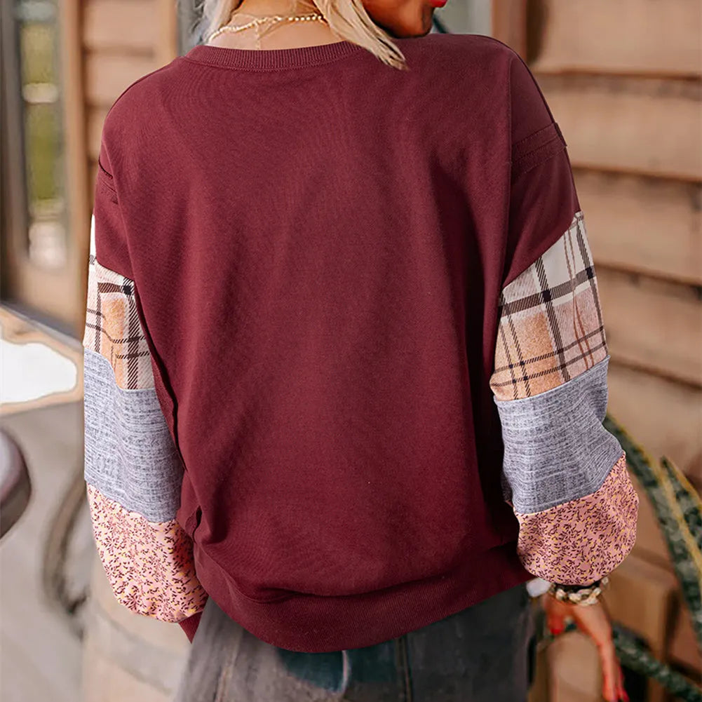 Women's loose plaid stitching long-sleeved top in beige, showcasing Japanese-Korean casual style.