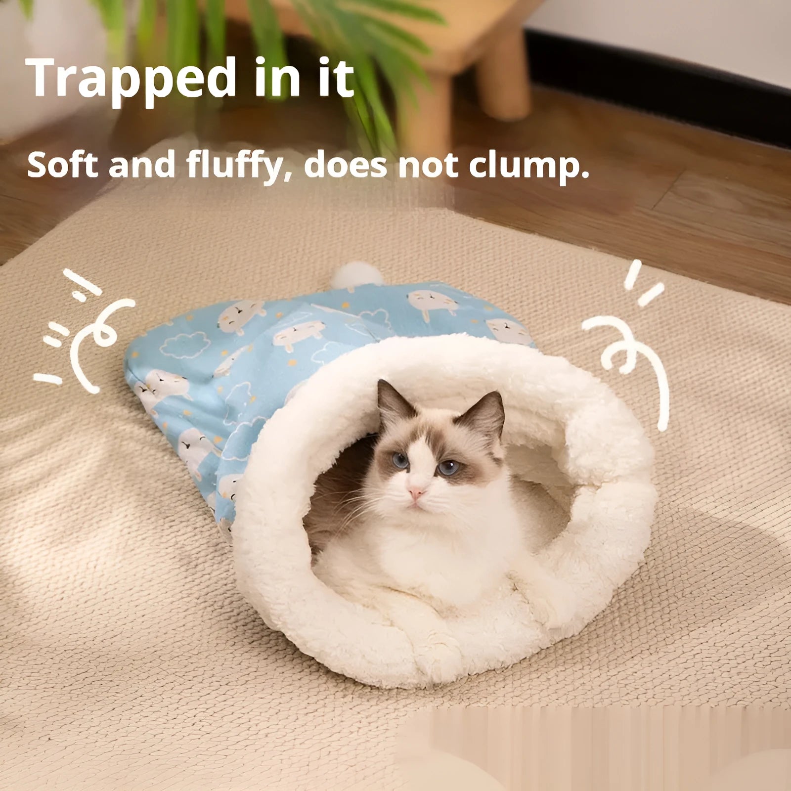 Cat sleeping bag nest measuring 50x40 cm in blue rabbit design with enclosed sides