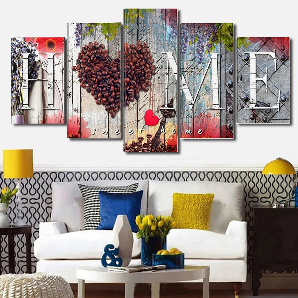 Red oil painting canvases spelling 'Home Sweet Home', unframed, shown in a set of five.