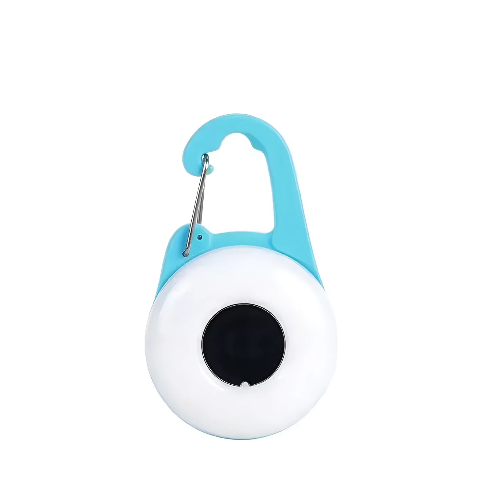 Blue rechargeable LED dog collar light with silicone strap showing four lighting mode buttons