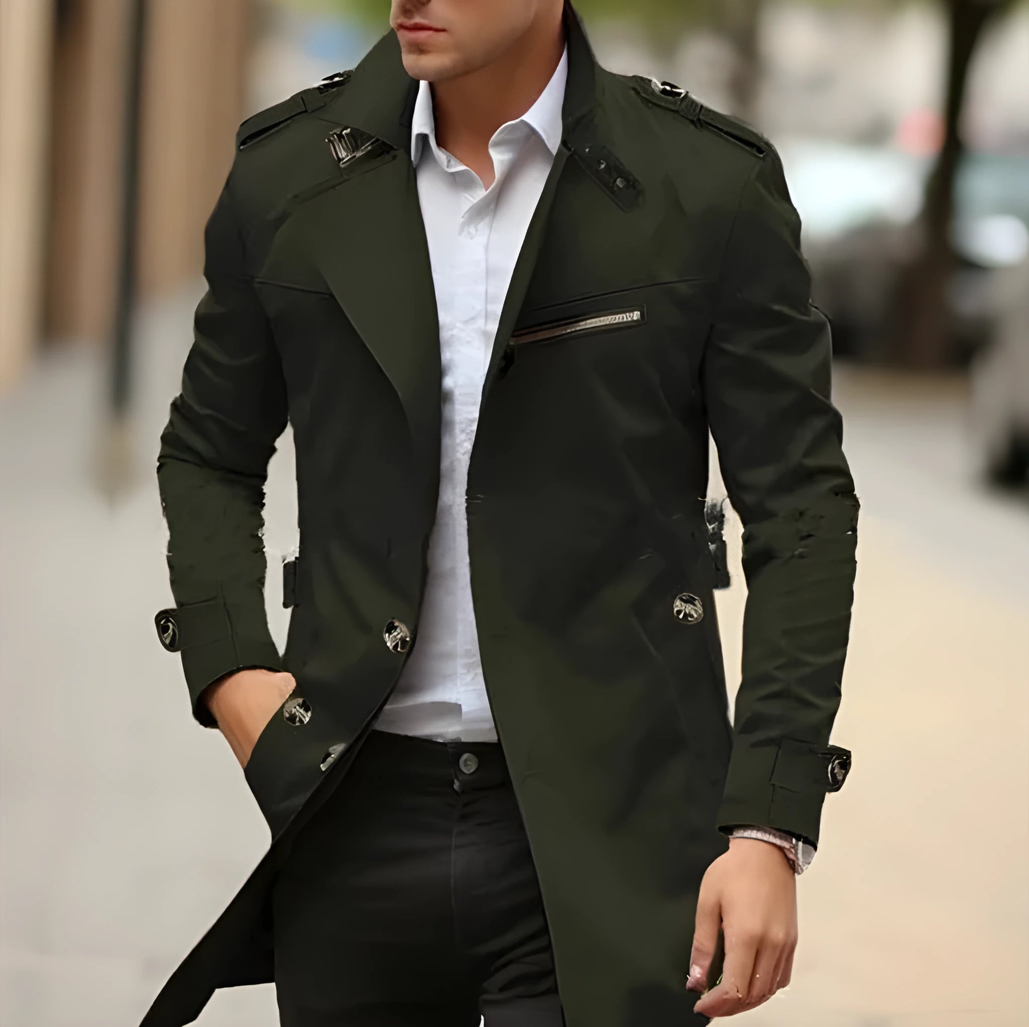 Men's lapel-style casual jacket in army green, shown mid-length with side seam pockets.