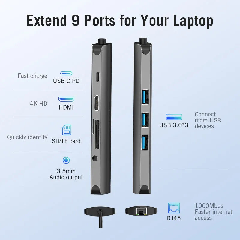 Deep grey USB Type-C to HDMI, USB 3.0, Ethernet, and card reader hub adapter on a desk.