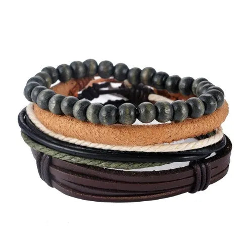 Hand-woven leather bracelet with wooden beads and adjustable closure in punk style