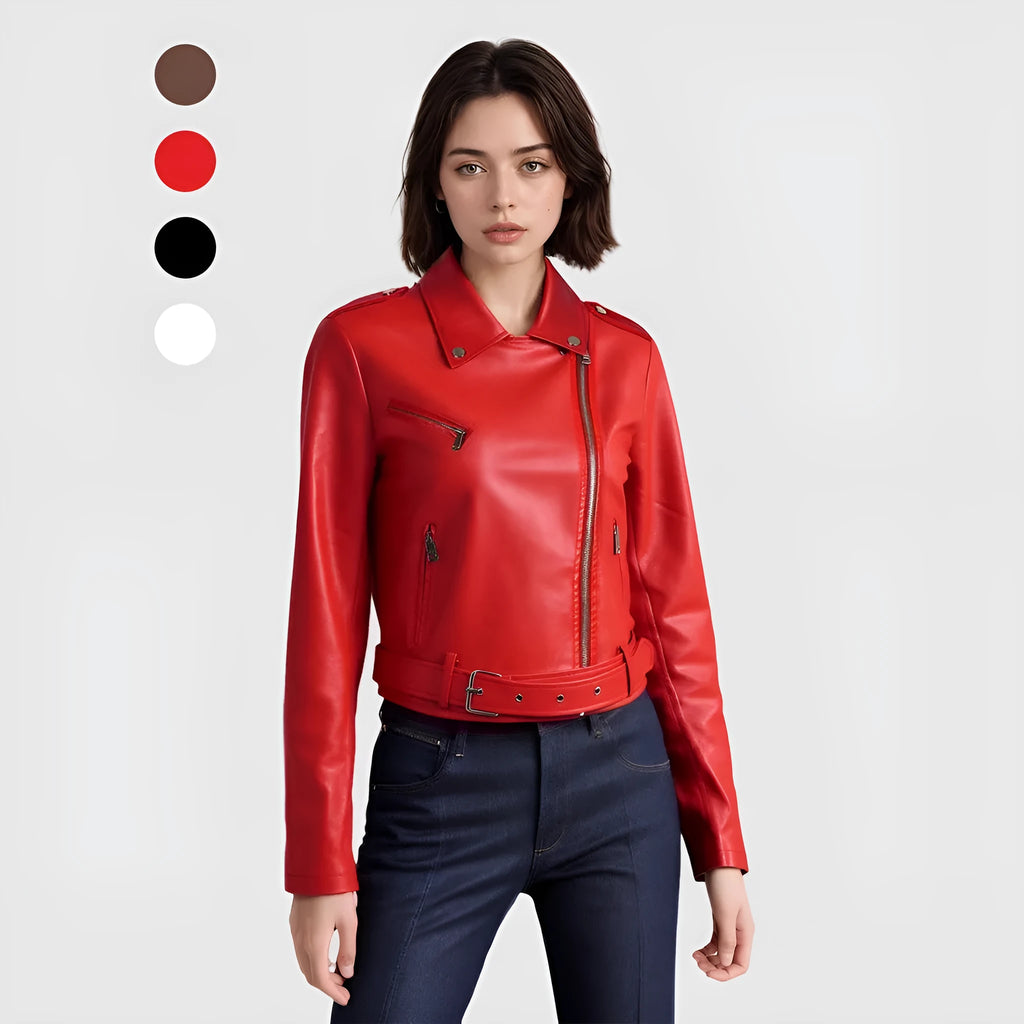Women's black PU leather motorcycle jacket with a lapel collar and an adjustable short belt.