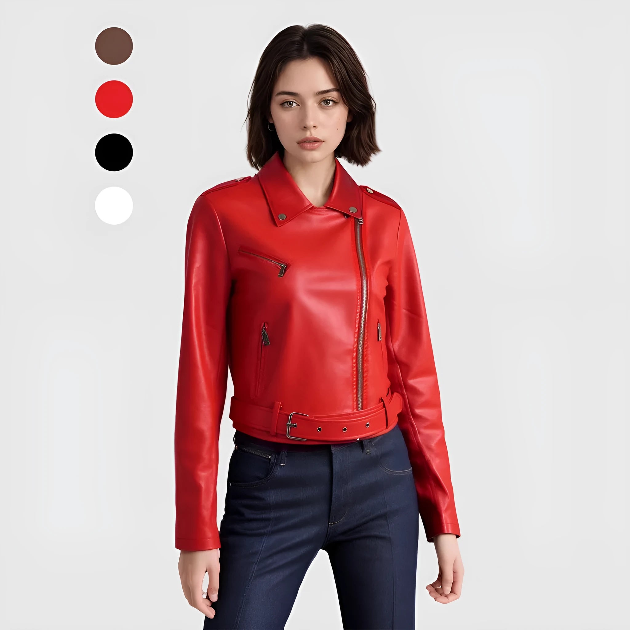 Women's black PU leather motorcycle jacket with a lapel collar and an adjustable short belt.