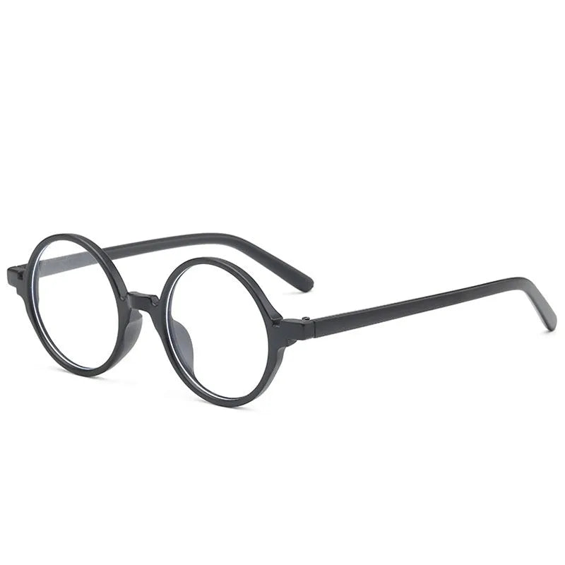 Artistic retro round glasses flat mirror in bright black, sand black, tofu pudding frame, and transparent grey colours