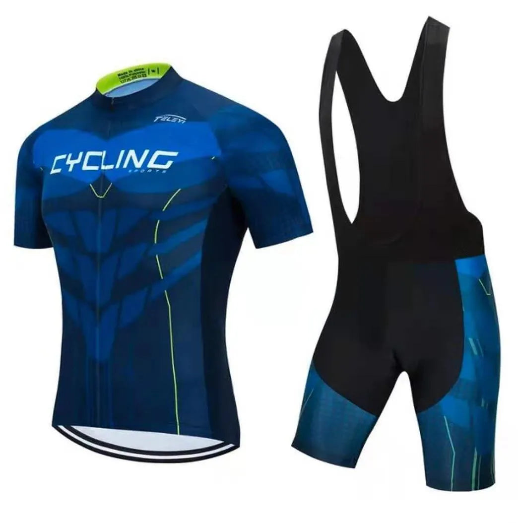 Cycling jersey and pants set in a colour-block style for summer mountain and road bike riding.