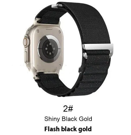 Nylon loop watch strap for Apple Watch with two-section high mountain weave in black colour, fits 38mm to 49mm sizes