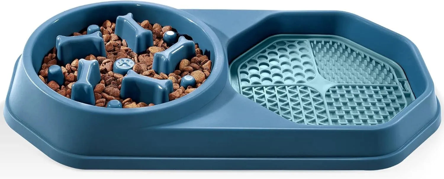 Blue slow feeder puzzle dog bowl with non-slip base for anti-gulping feeding.