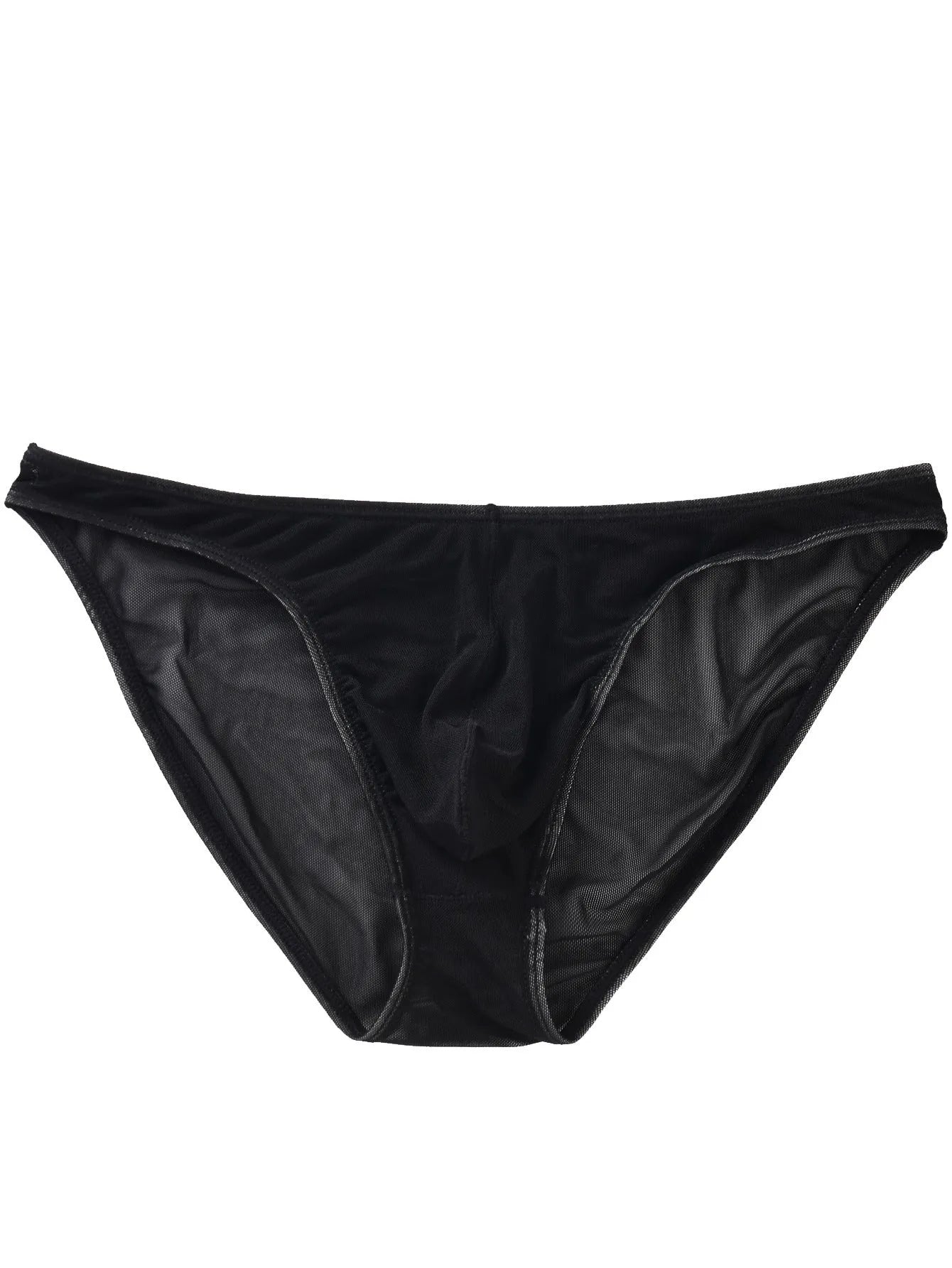 Men's black low-waist nylon briefs laid flat, showing triangle brief style and knitted fabric.