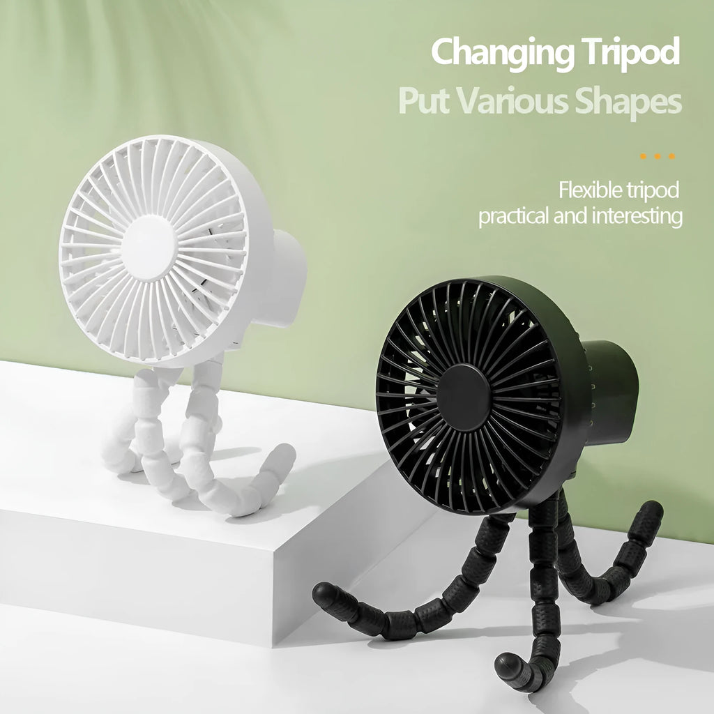 Small white desk fan with bending head on a black octopus tripod base