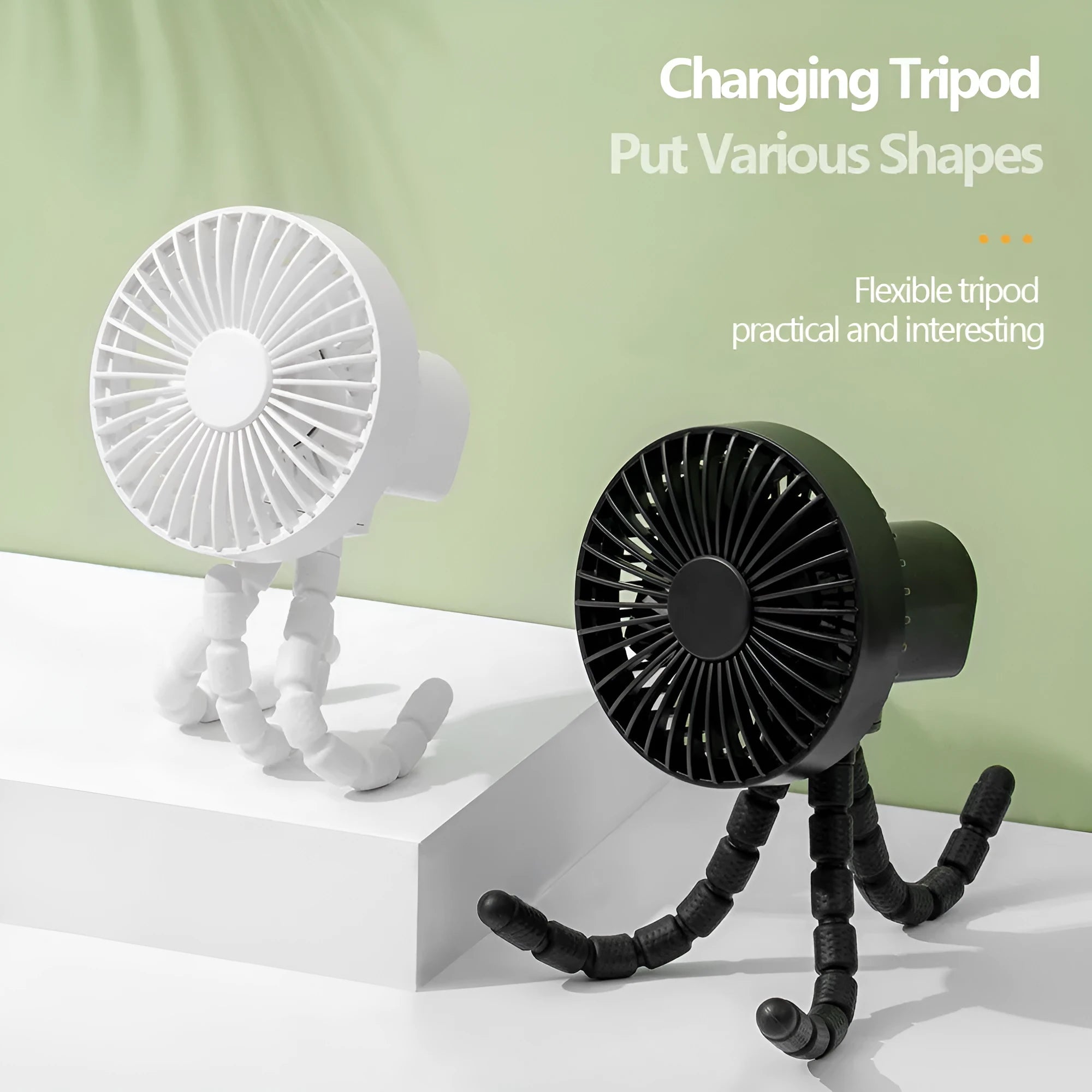 Small white desk fan with bending head on a black octopus tripod base