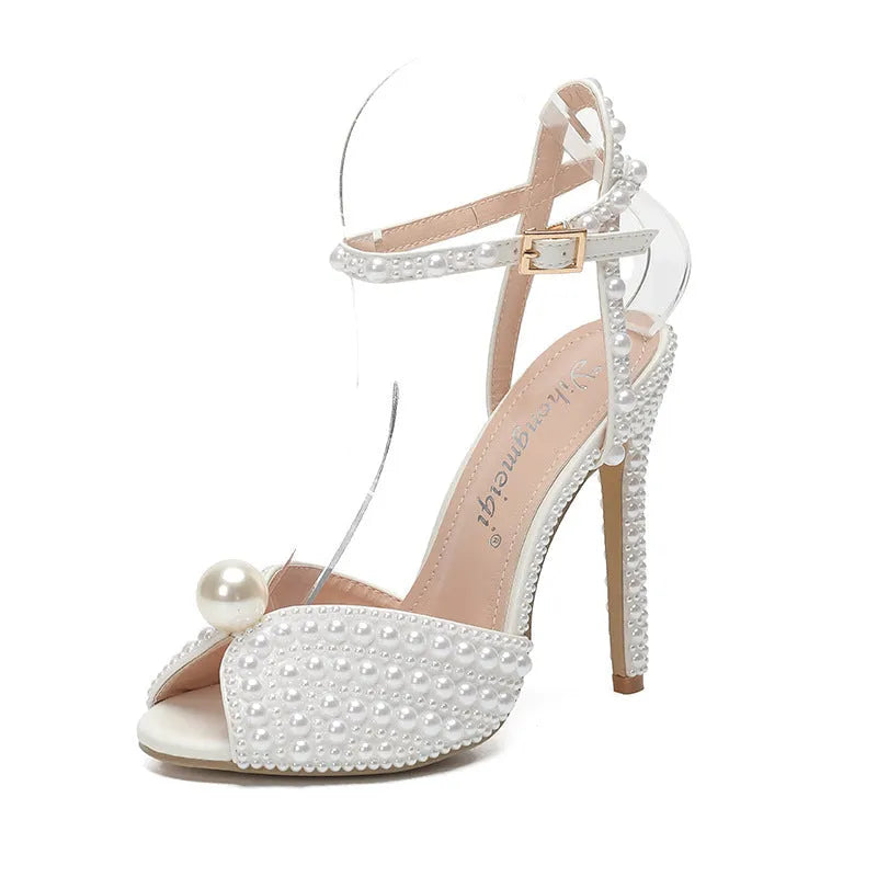 New peep-toe shallow mouth rhinestone pearl woman high-heeled shoes in beige
