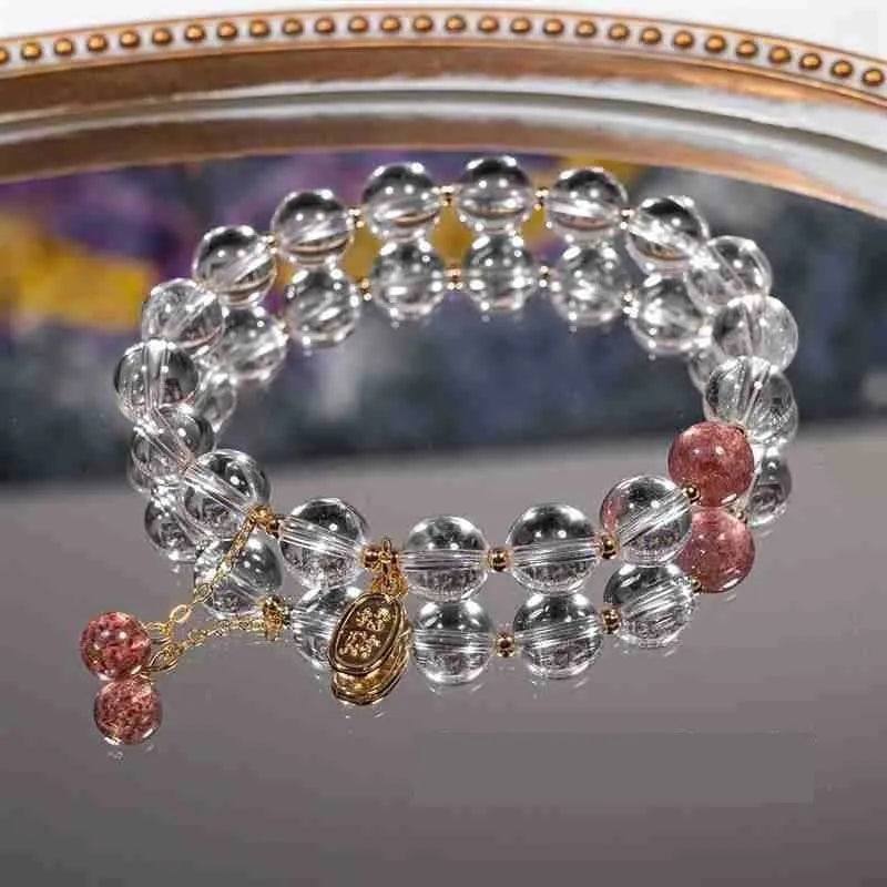 Handmade natural white crystal bracelet with strawberry beads in u-shape design
