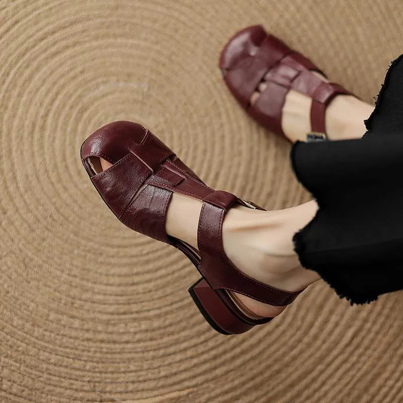 Women's genuine leather Roman sandals with square toe, available in black, red, beige, and creamy-white – sizes 34-40