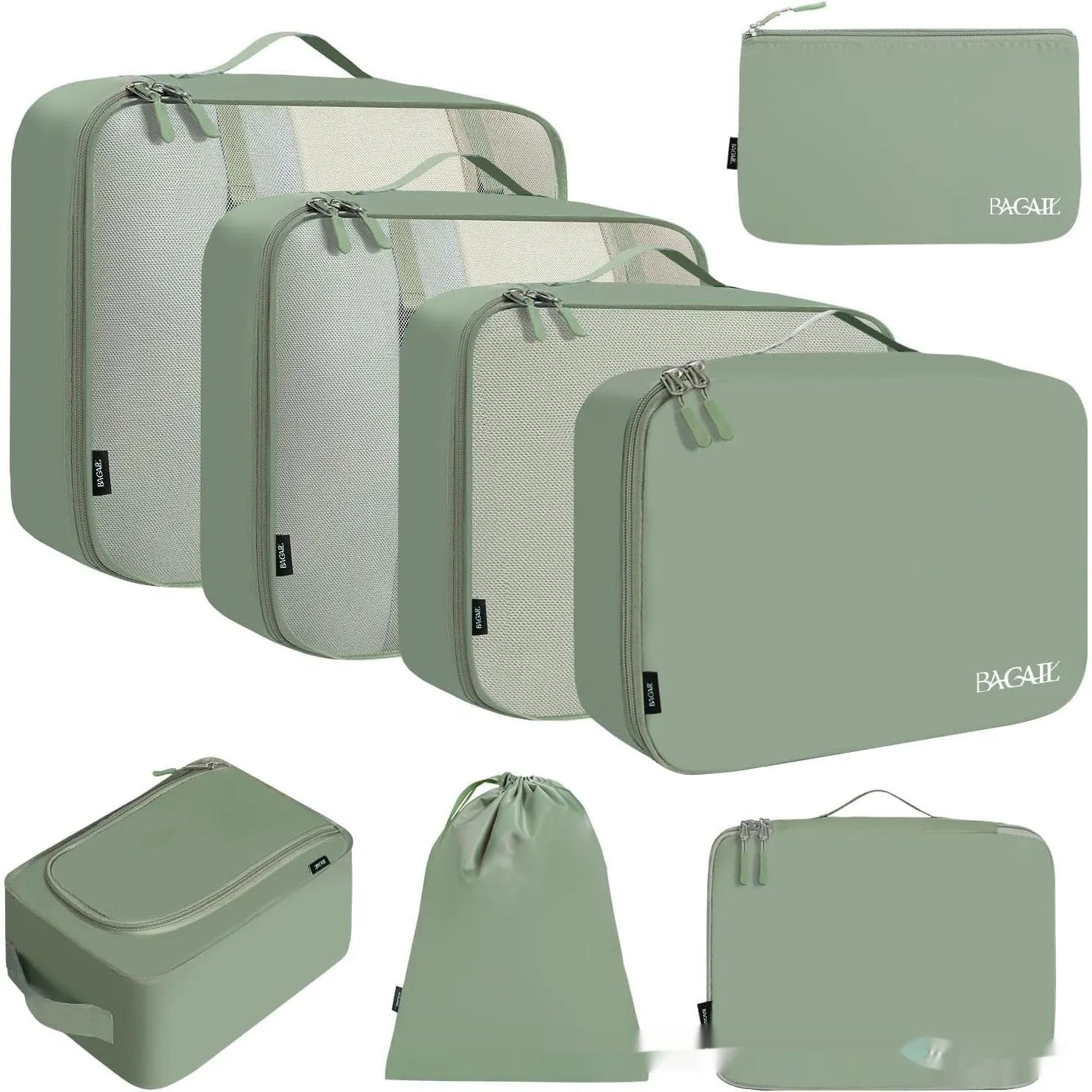 Eight cubic travel packing bags in various colours including beige, black, pink leopard print, and white pink stripes