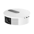 White HD 720p home projector with remote control on table
