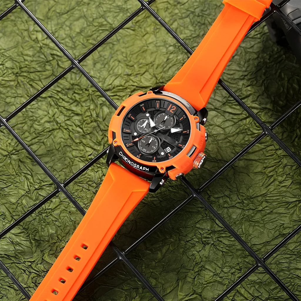 Men's digital quartz watch with calendar display showing black, blue, green, orange and red colour options
