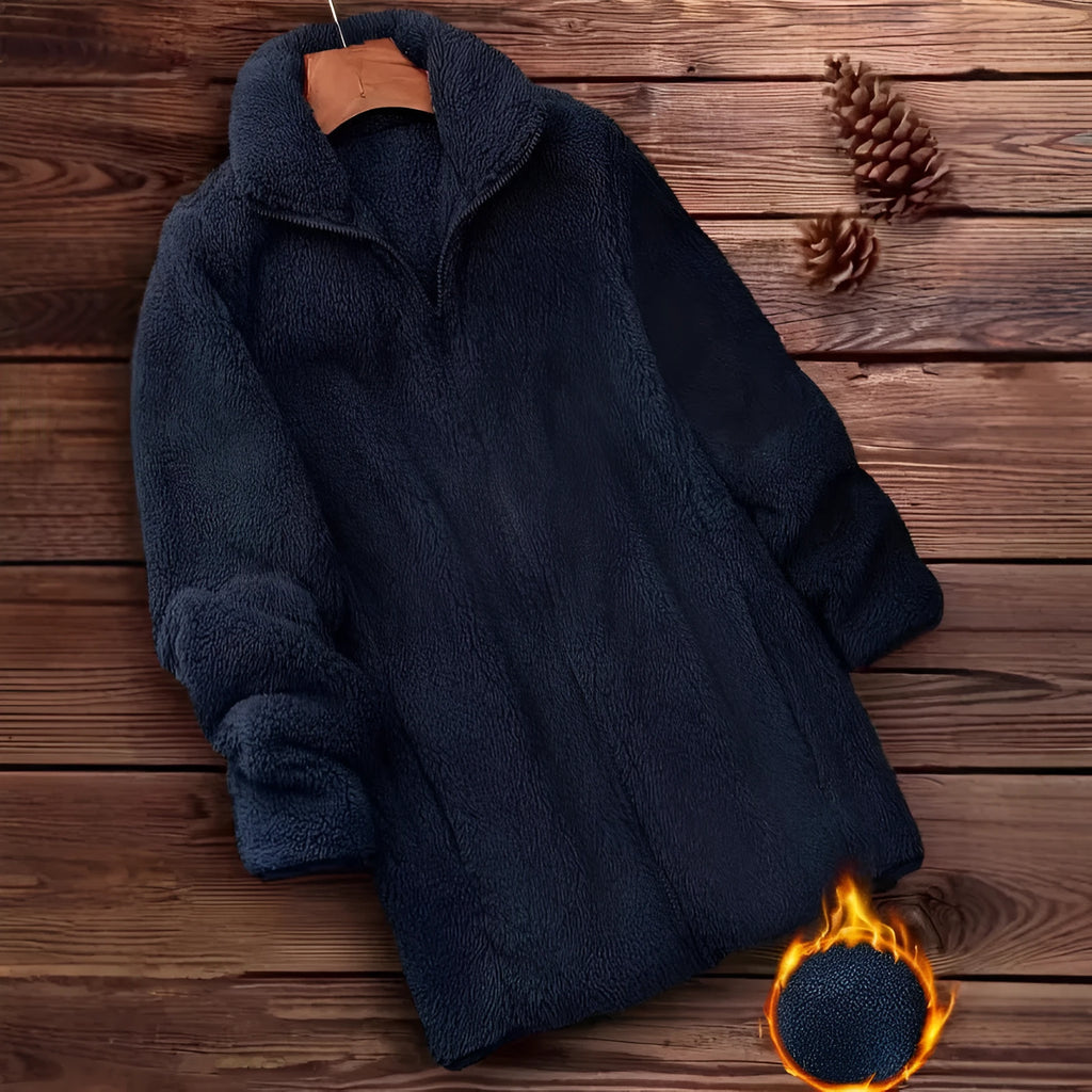 Double-sided velvet fleece-lined jacket in black, shown on a hanger