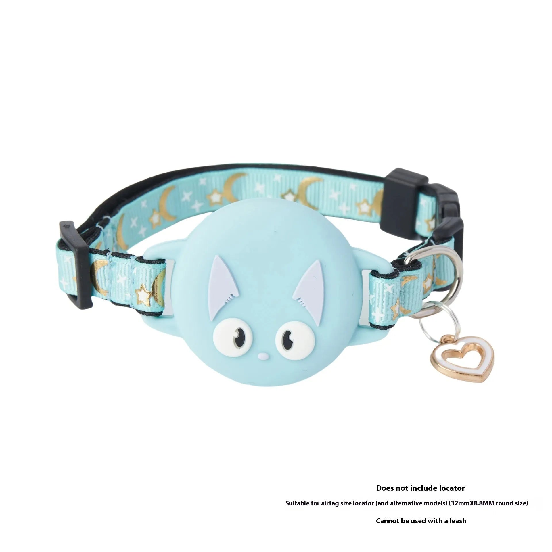 Plastic Airtag protective case for a cat collar in blue, shown next to a collar.
