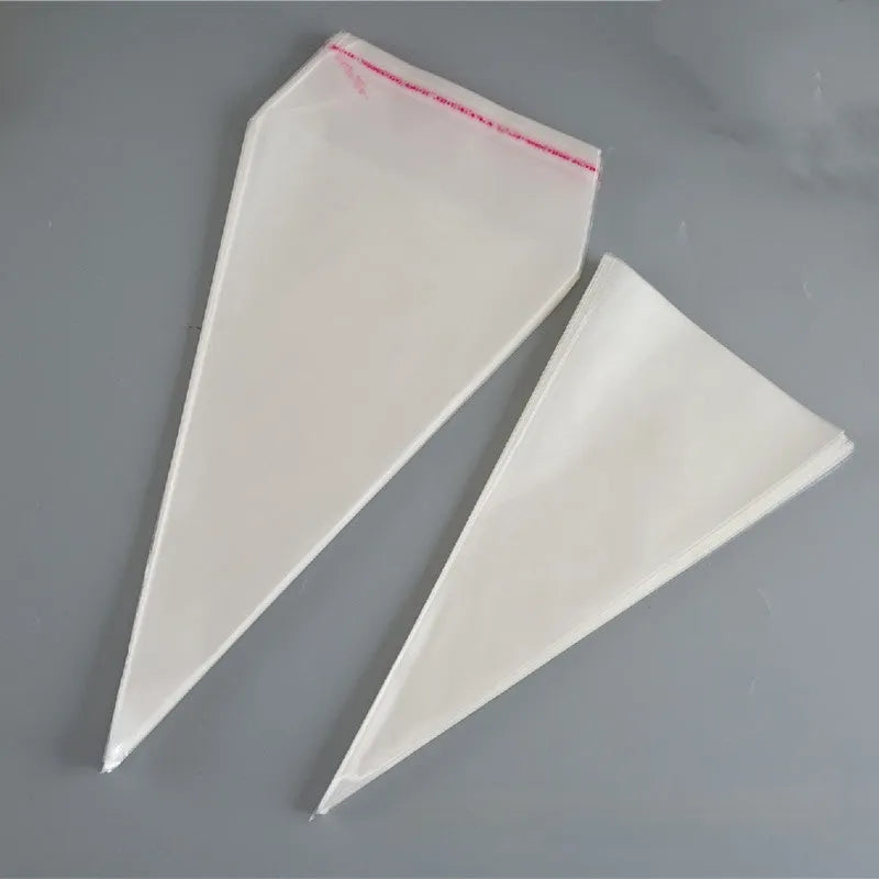 Transparent triangle plastic gift bags with built-in tie wire closures in three different sizes