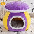 Mushroom-shaped plush cat bed in purple, pink, or grey colours