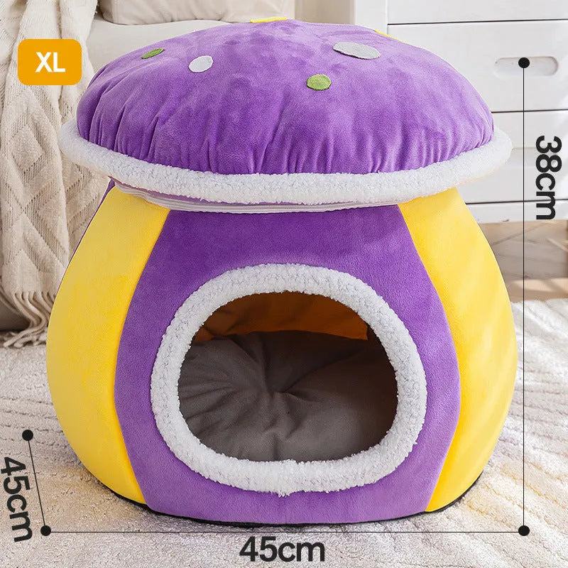 Mushroom-shaped plush cat bed in purple, pink, or grey colours