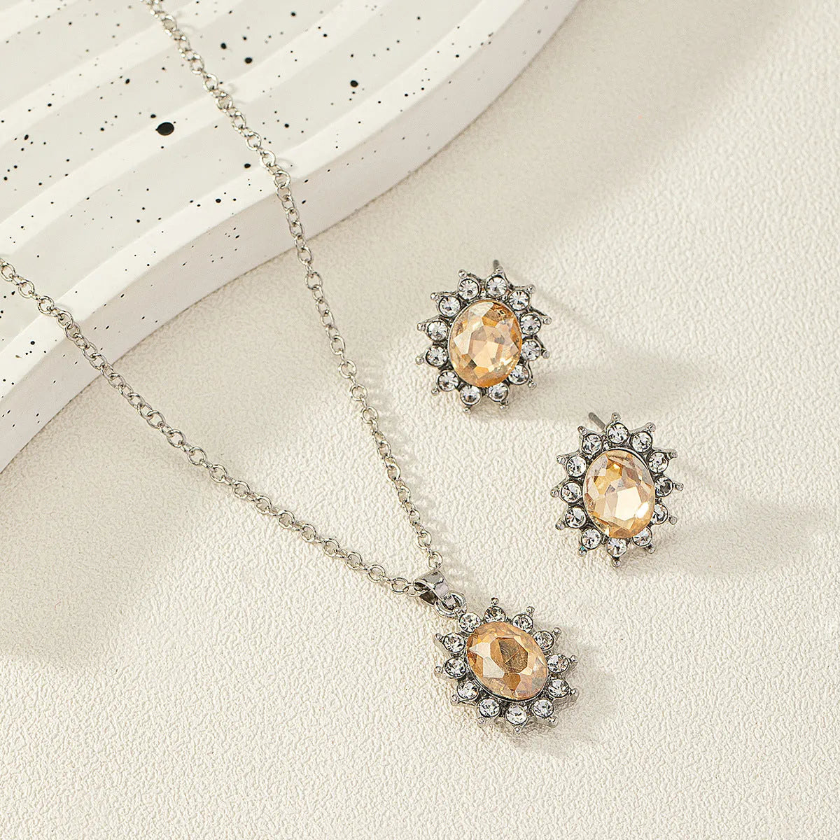 Women's sunflower zircon ear stud necklace suit in blue, red, green, champagne, black or colour options