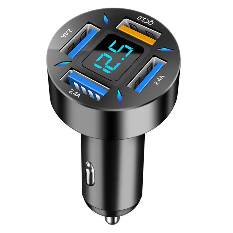 Four-port USB car charger with QC3.0 fast charging and LED voltage display for vehicles.