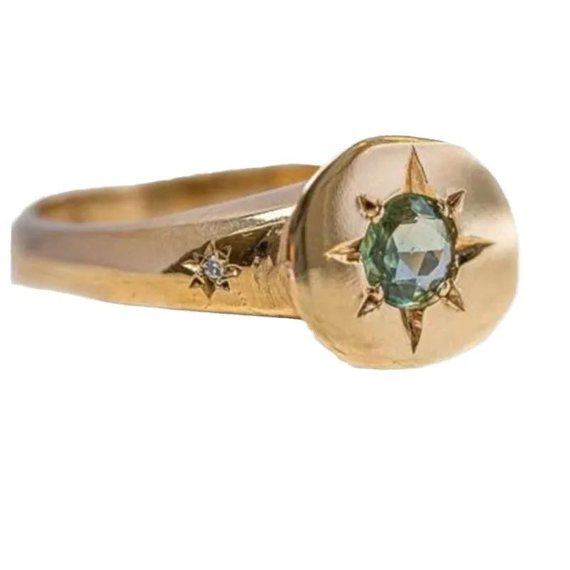 Golden adjustable ring with oval asterism zircon and star design on zinc alloy band