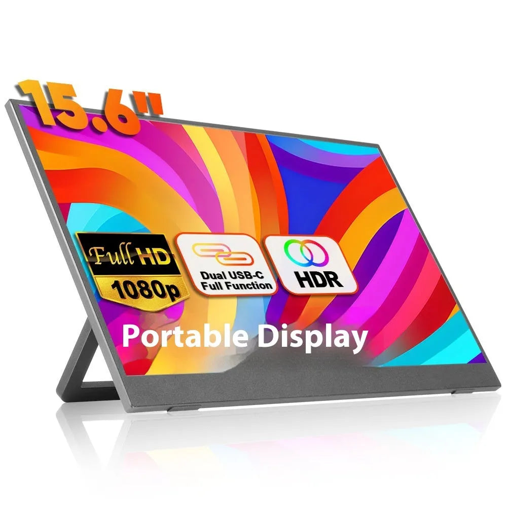 Black 15.6-inch portable monitor with adjustable stand on office desk