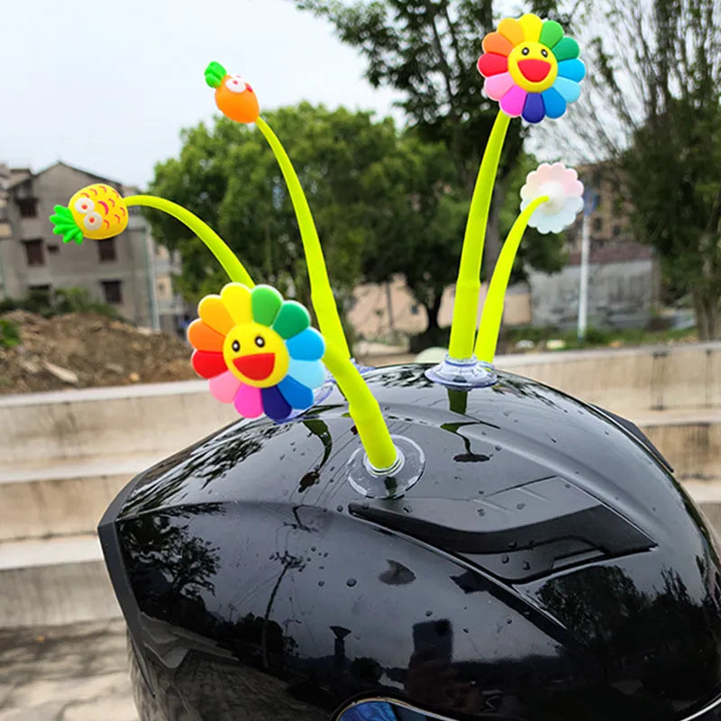 Swinging sunflower silicone decoration with suction cup for helmet attachment