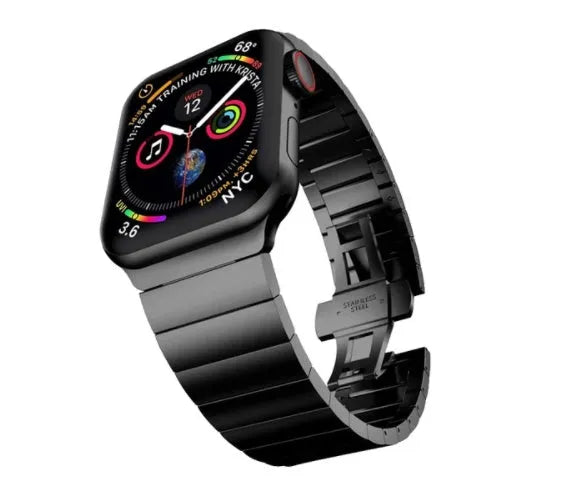 Stainless steel Apple Watch compatible metal band with butterfly buckle in five colour options.