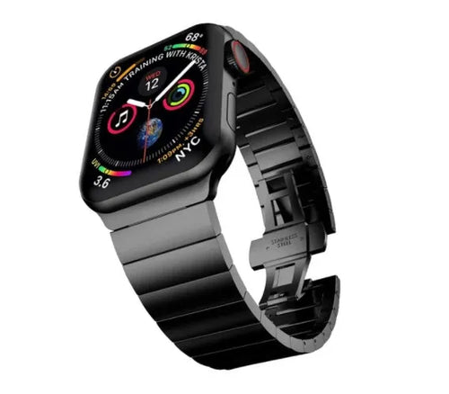 Stainless steel Apple Watch compatible metal band with butterfly buckle in five colour options.