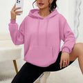 Women's loose drawstring pocket sweatshirt in various colours showing front pockets and adjustable collar