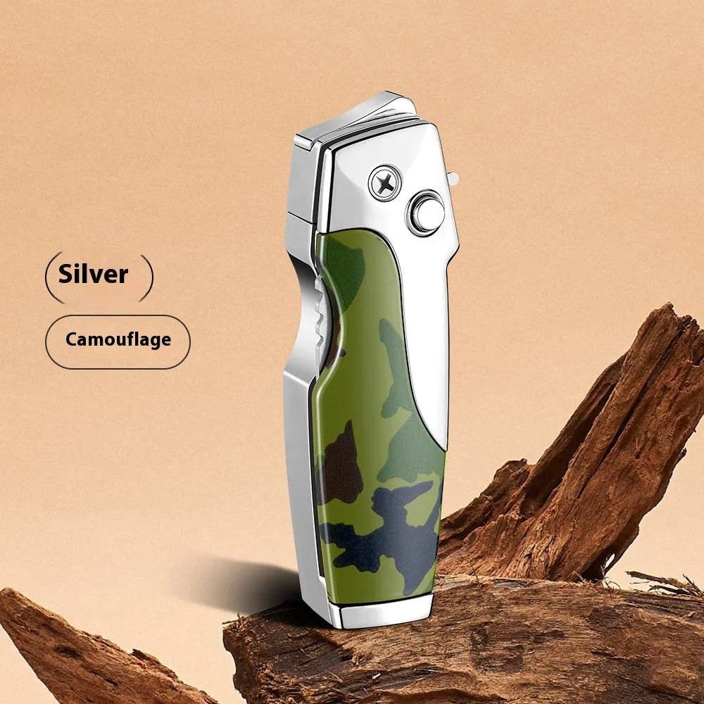Metal folding outdoor lighter with integrated knife in a zinc alloy case, showing various colour options.