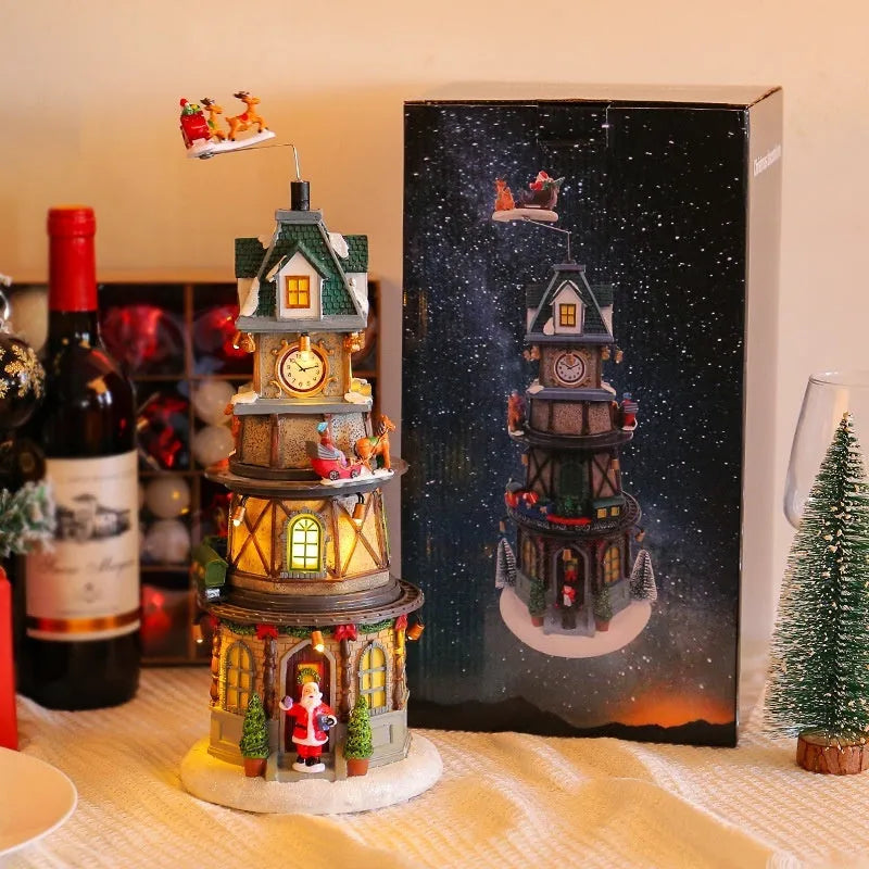 Christmas resin luminous rotating music box decoration 32cm bell tower design