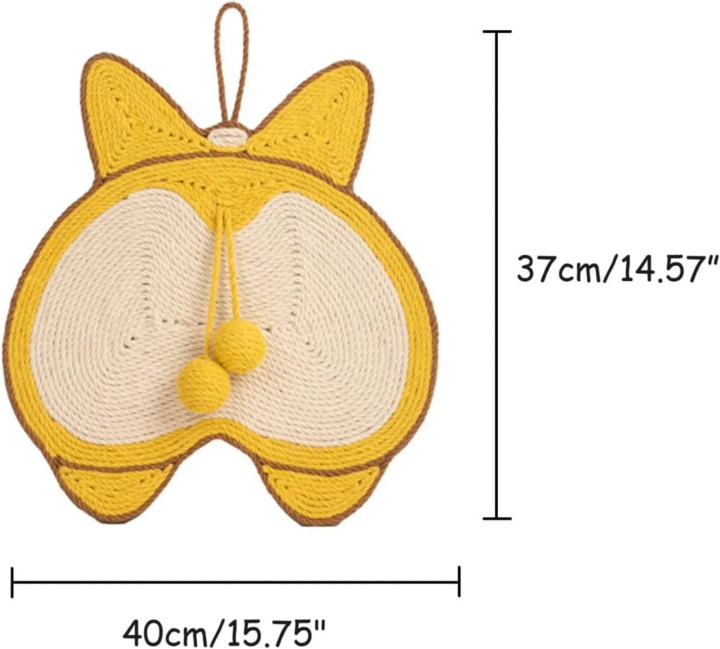 Yellow Corgi butt-design sisal cat scratching pad with anti-slip base and adhesive hooks.