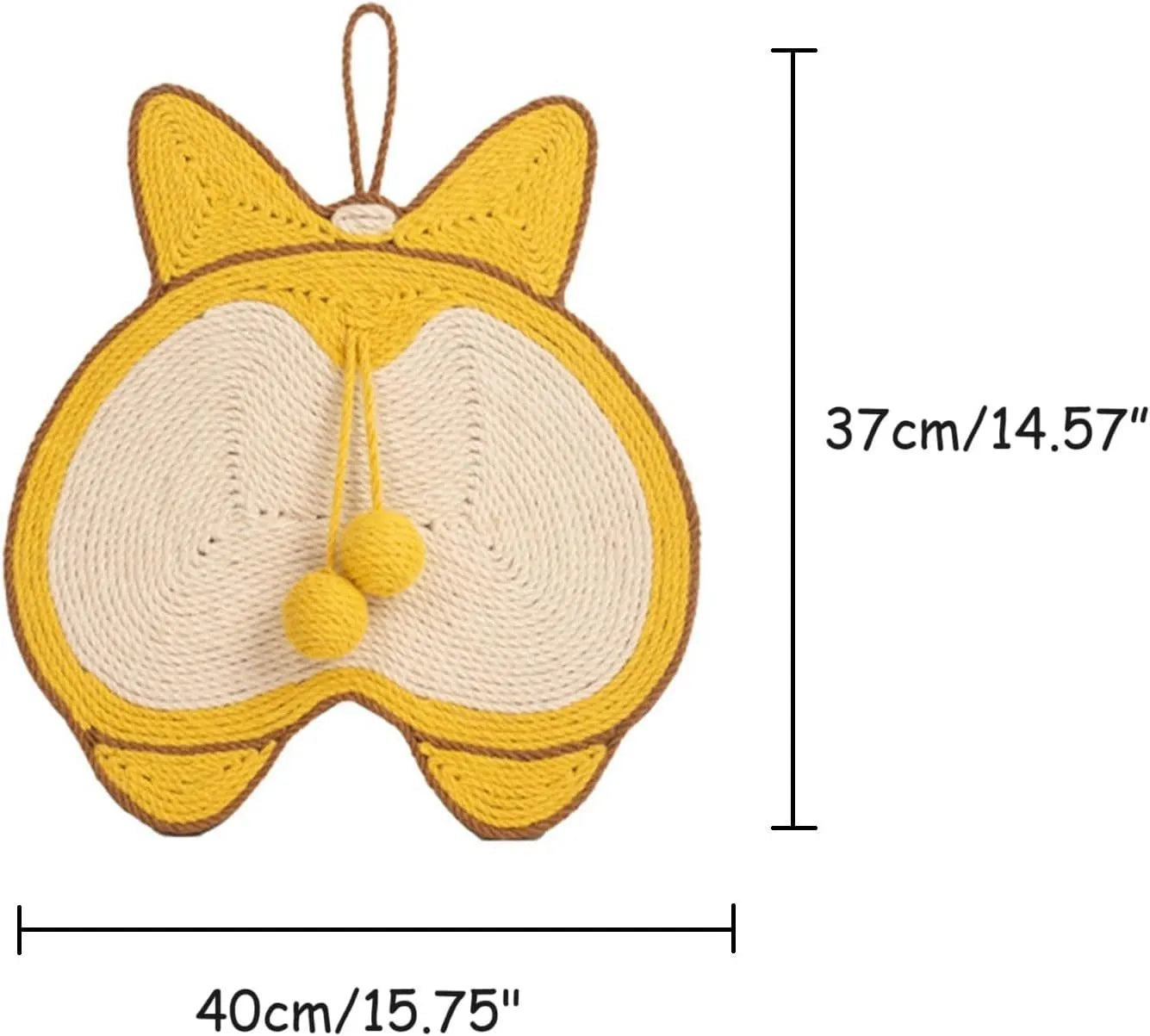 Yellow Corgi butt-design sisal cat scratching pad with anti-slip base and adhesive hooks.