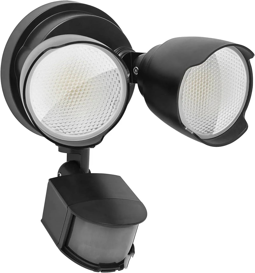 White LED security flood light with PIR motion sensor mounted on an outdoor wall.