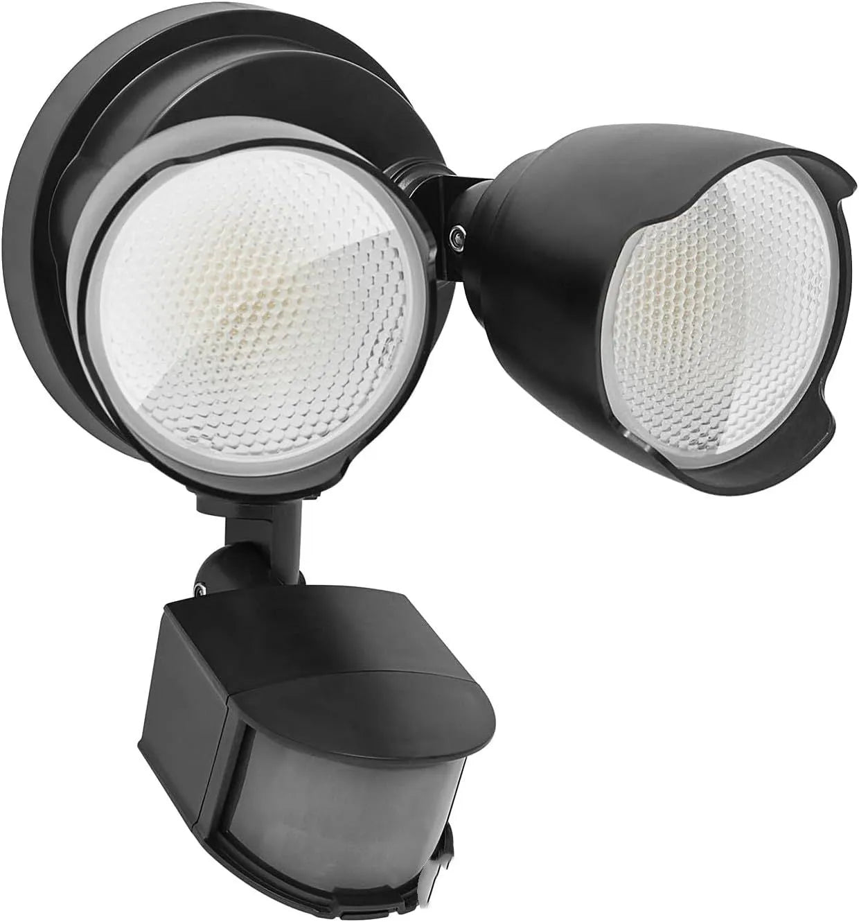 White LED security flood light with PIR motion sensor mounted on an outdoor wall.