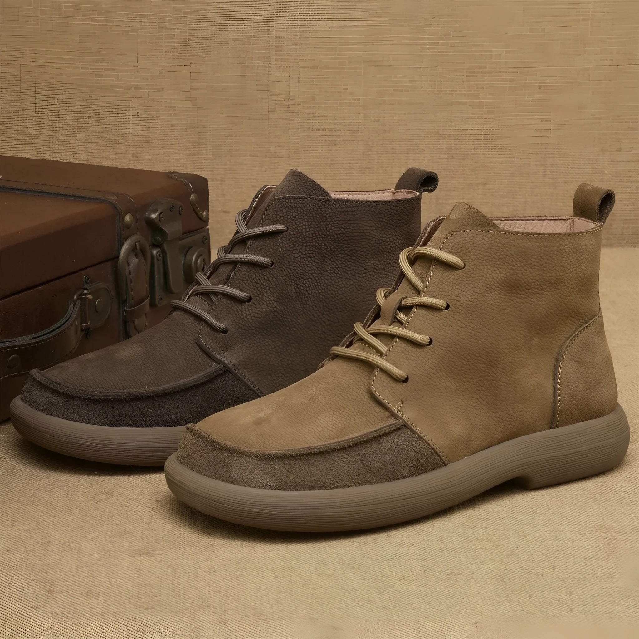 Grey retro leather Martin boots with wedge heel and lace-up front