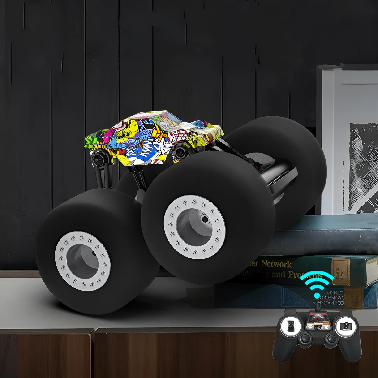 Remote control stunt truck with sponge tires and cool lights on a wooden floor